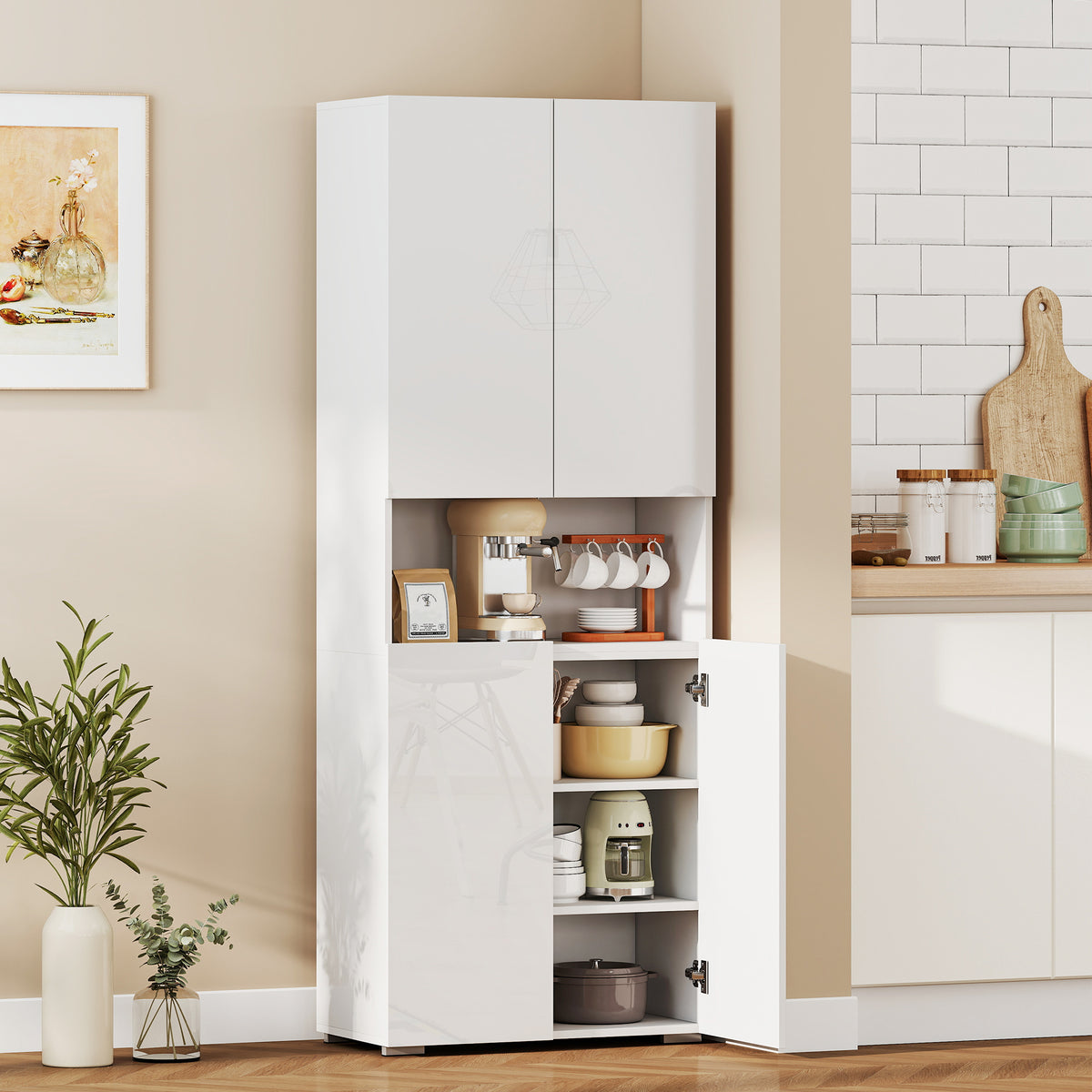 Buffet haut cuisine, armoire de cuisine, 4 portes à fermeture douce et étagères réglables, 68x34x180cm, blanc brillant