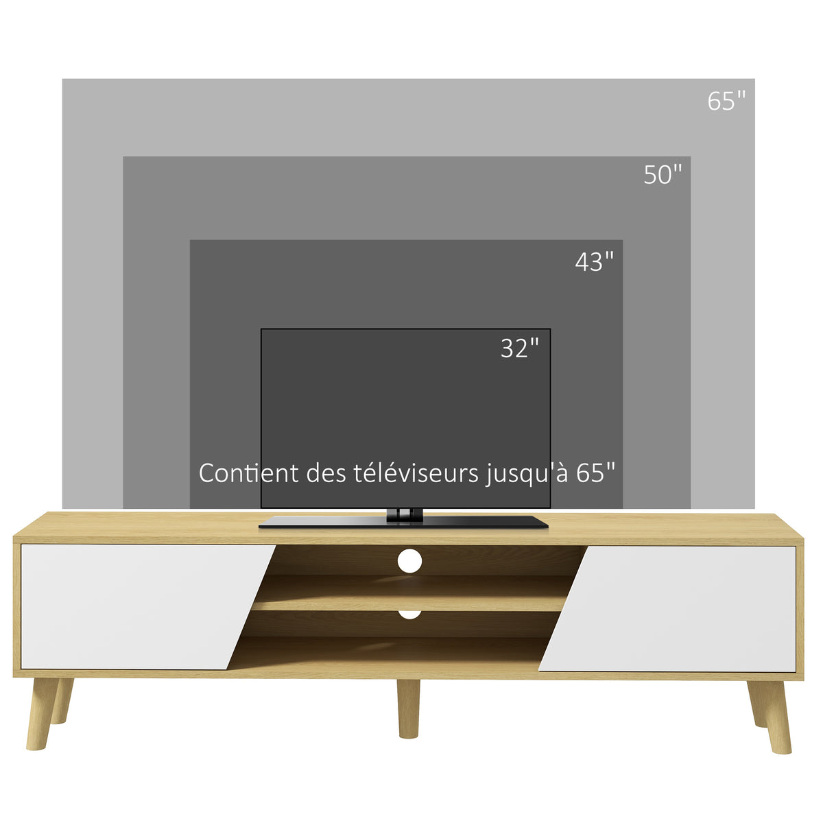 Meuble TV Scandinave 150 cm – 2 Portes, 2 Niches, Passe-Câbles – Pour TV jusqu'à 65"
