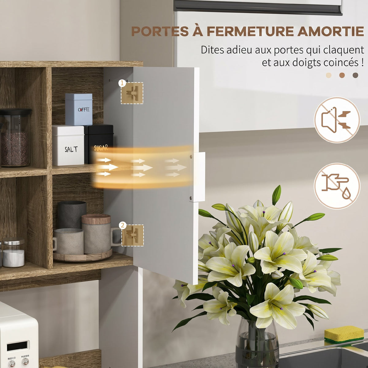 Armoire de cuisine meuble de rangement 4 portes 1 tiroir design scandinave 98 x 39 x 180 cm blanc et naturel