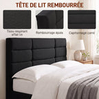 Cadre de Lit 140 x 200 cm avec Sommier Bois, Lit Double Rembourré en Effet Lin, Rangement au-dessous, Sans Bruit, Noir