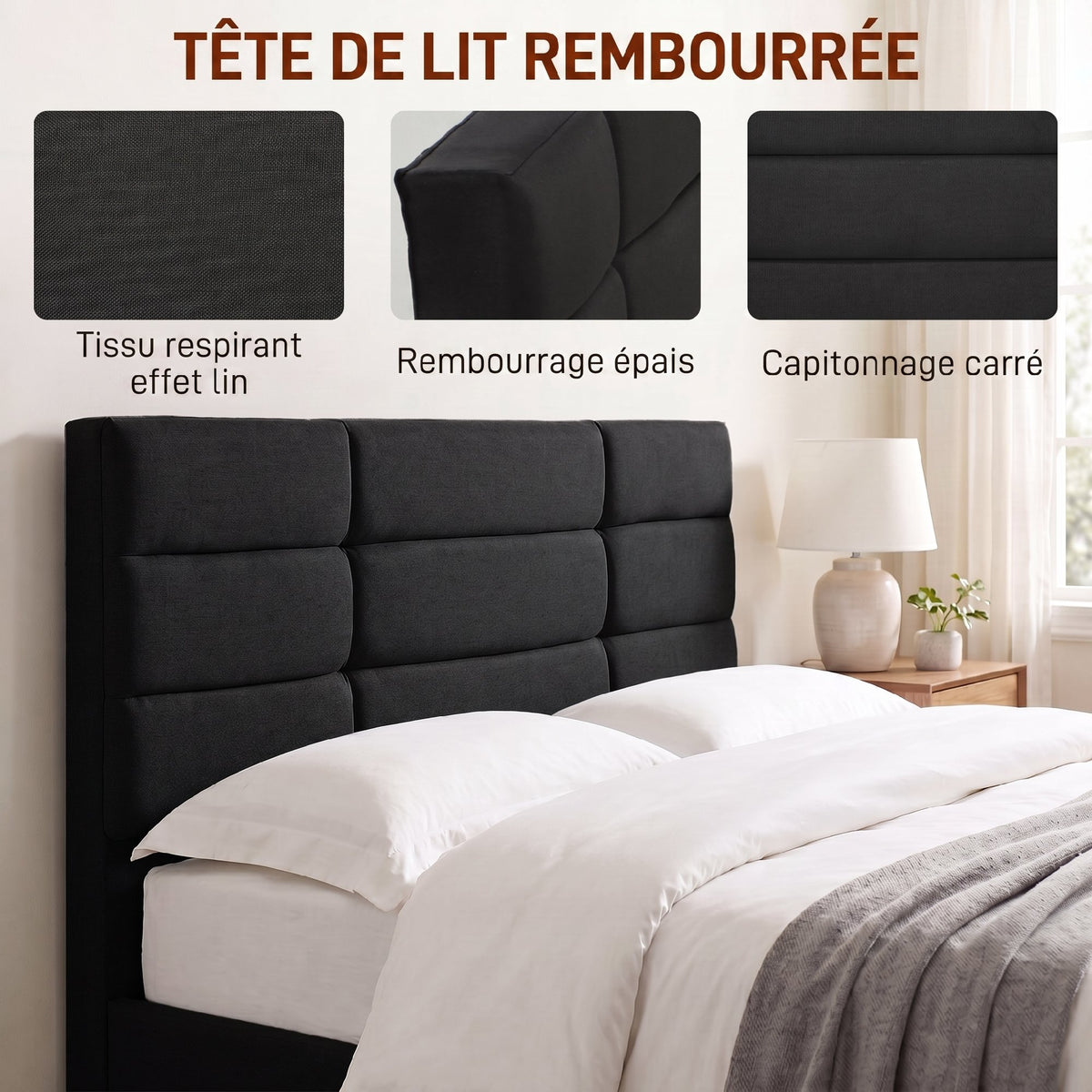 Cadre de Lit 140 x 200 cm avec Sommier Bois, Lit Double Rembourré en Effet Lin, Rangement au-dessous, Sans Bruit, Noir