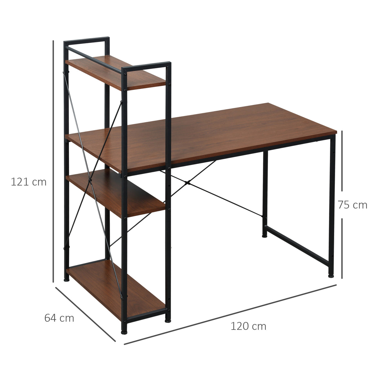 Bureau d'angle avec rangement design Industriel avec bibliothèque 3 étagères panneaux particules aspect noyer