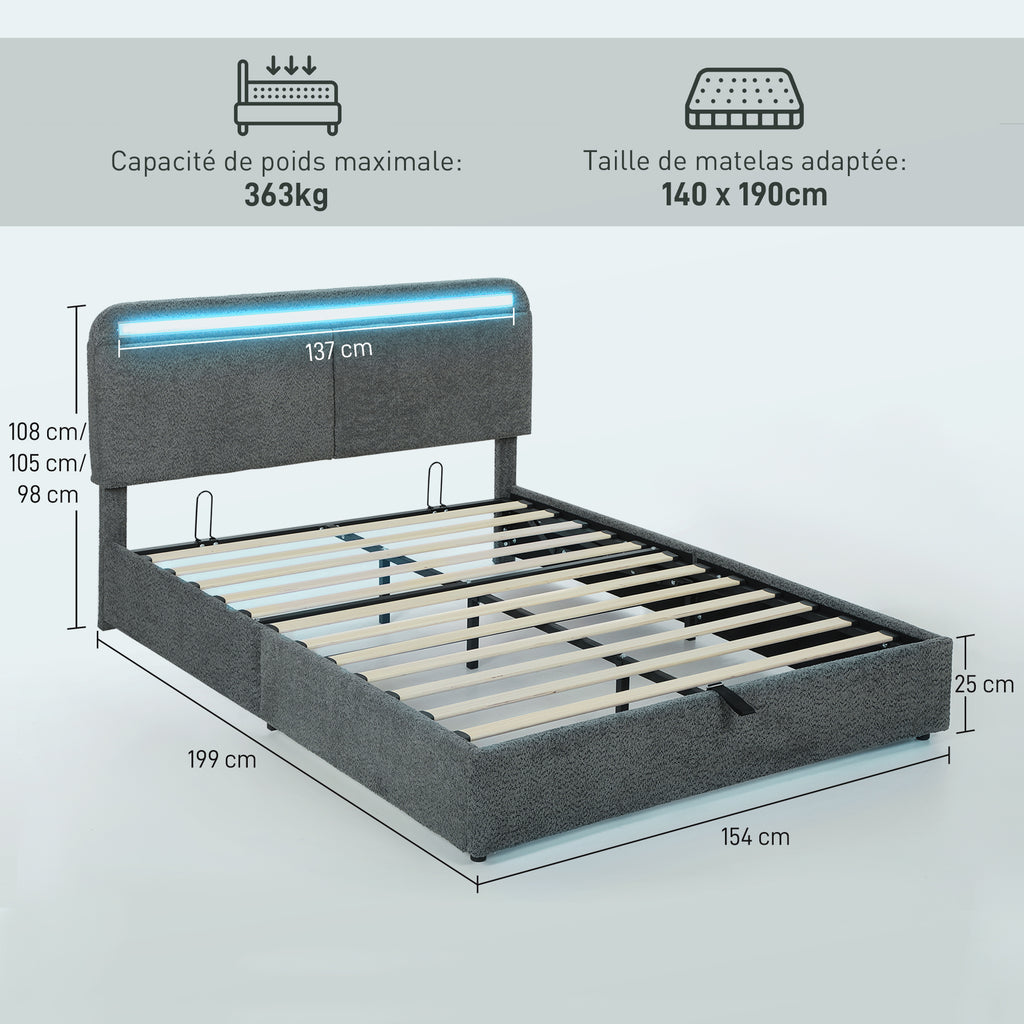 Lit coffre 140 x 190 cm avec éclairage LED, tête de lit réglable, cadre de lit double, sommier à lattes en bois, gris
