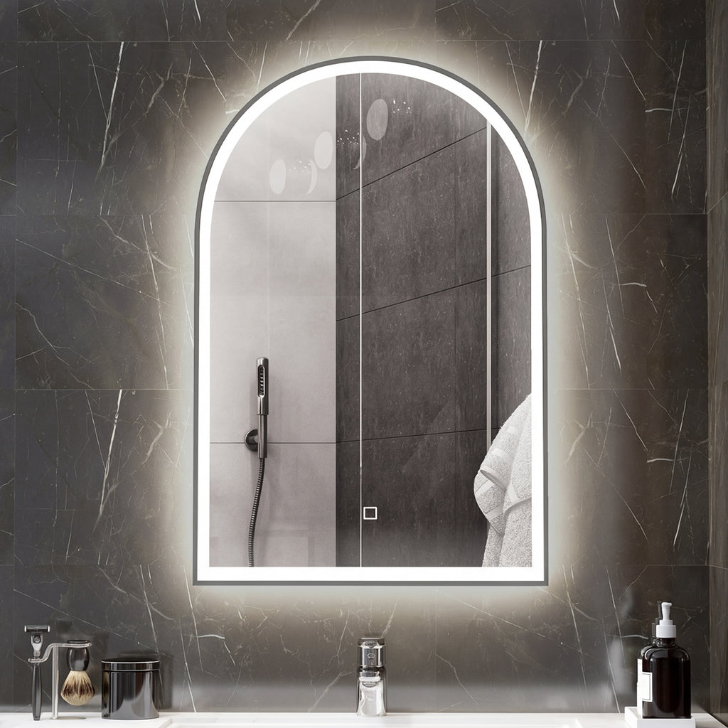 Miroir de salle de bain LED 90 x 60cm, mural, 3 couleurs, arqué cadre en aluminium, désembuage et interrupteur tactile