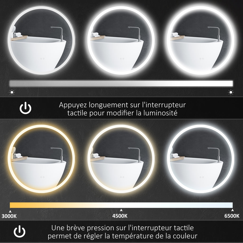 Miroir rond lumineux LED de salle de bain Ø 80 cm mural avec éclairage 3 couleurs interrupteur tactile 46W blanc argent