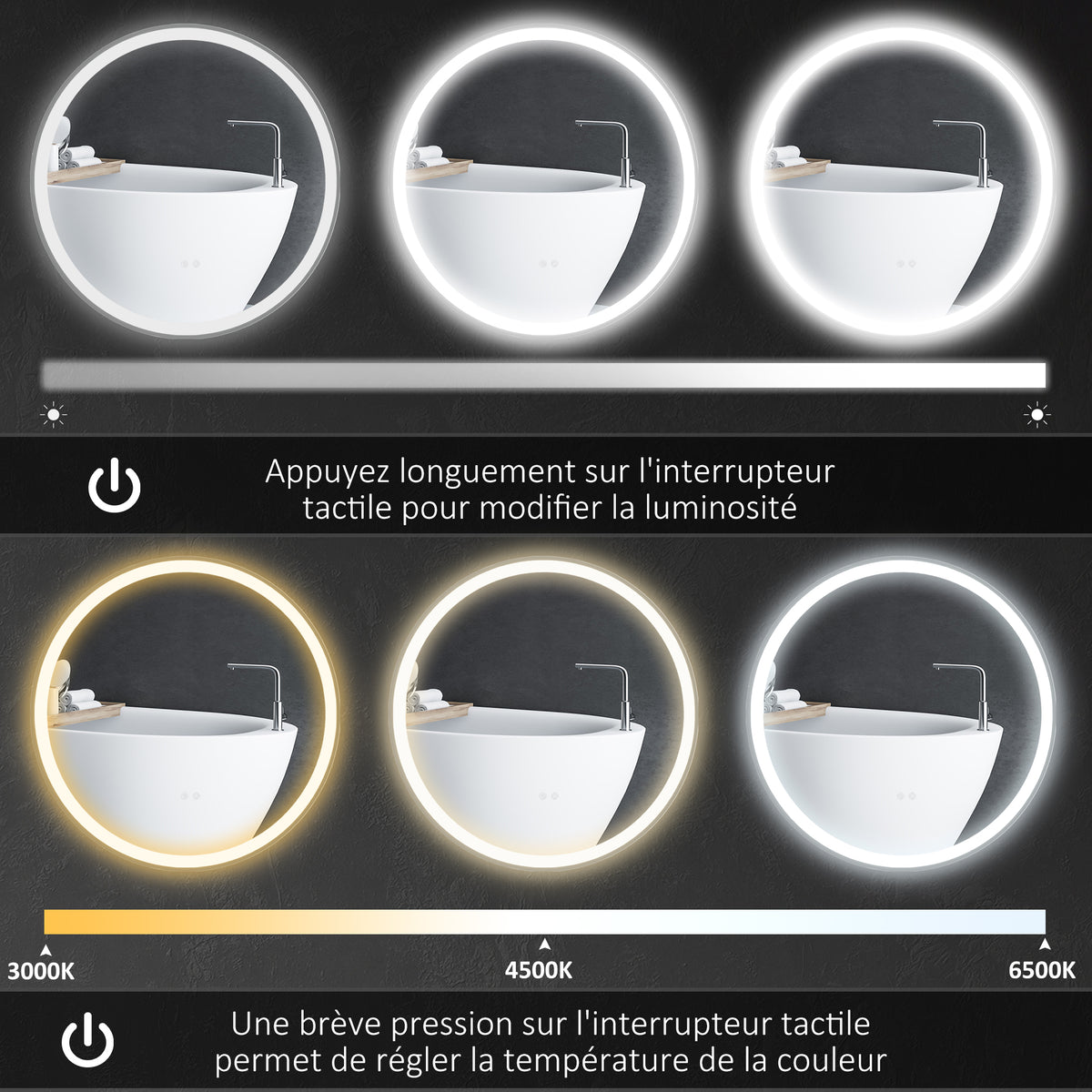 Miroir rond lumineux LED de salle de bain Ø 80 cm mural avec éclairage 3 couleurs interrupteur tactile 46W blanc argent