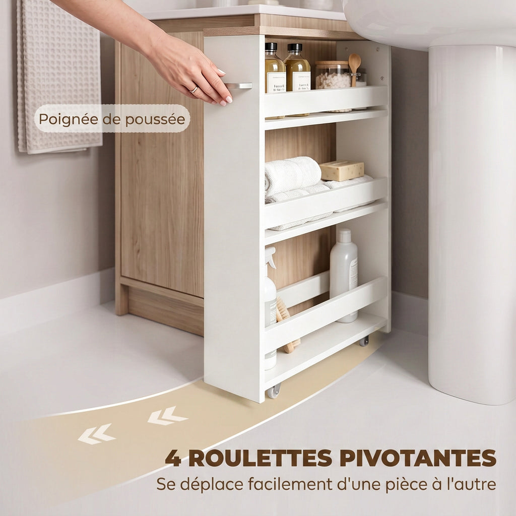 Chariot de rangement à 3 niveaux chariot de stockage étagère sur roulettes pour cuisine étroite salle de bain buanderie bureau avec poignée - 48 x 15 x 80 cm blanc