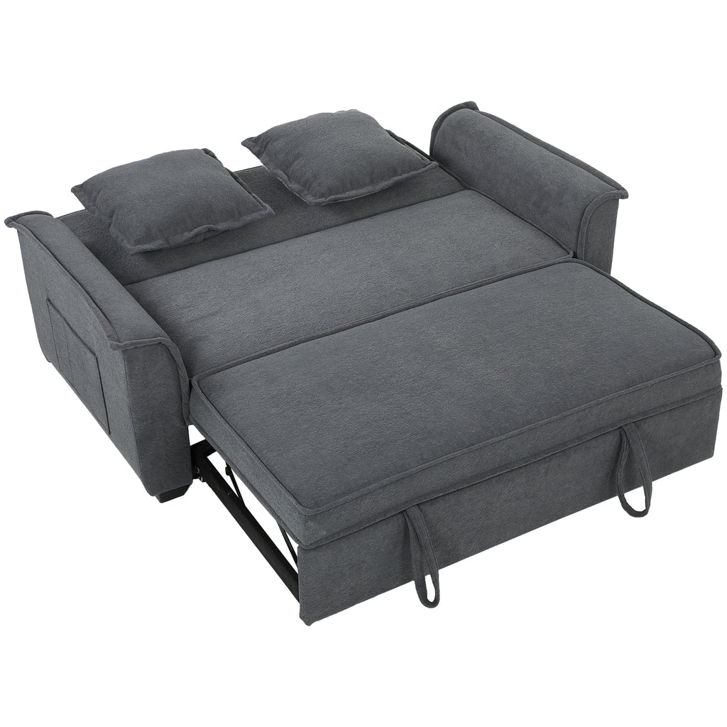 Canapé convertible 2 places, canapé-lit clic-clac en chenille, dossier réglable, 2 coussins, poche latérale, gris