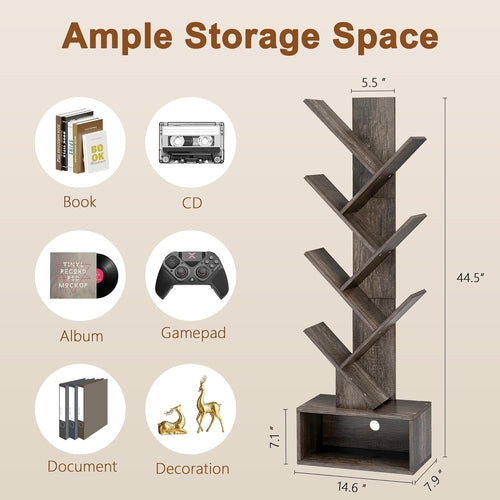 6 Tier Tree Bookshelf Bookcase With Drawer Grey Office