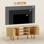 Meuble TV, meuble télé pour téléviseur 60 pouces, 2 portes à lattes, 140x40x52cm, bois naturel