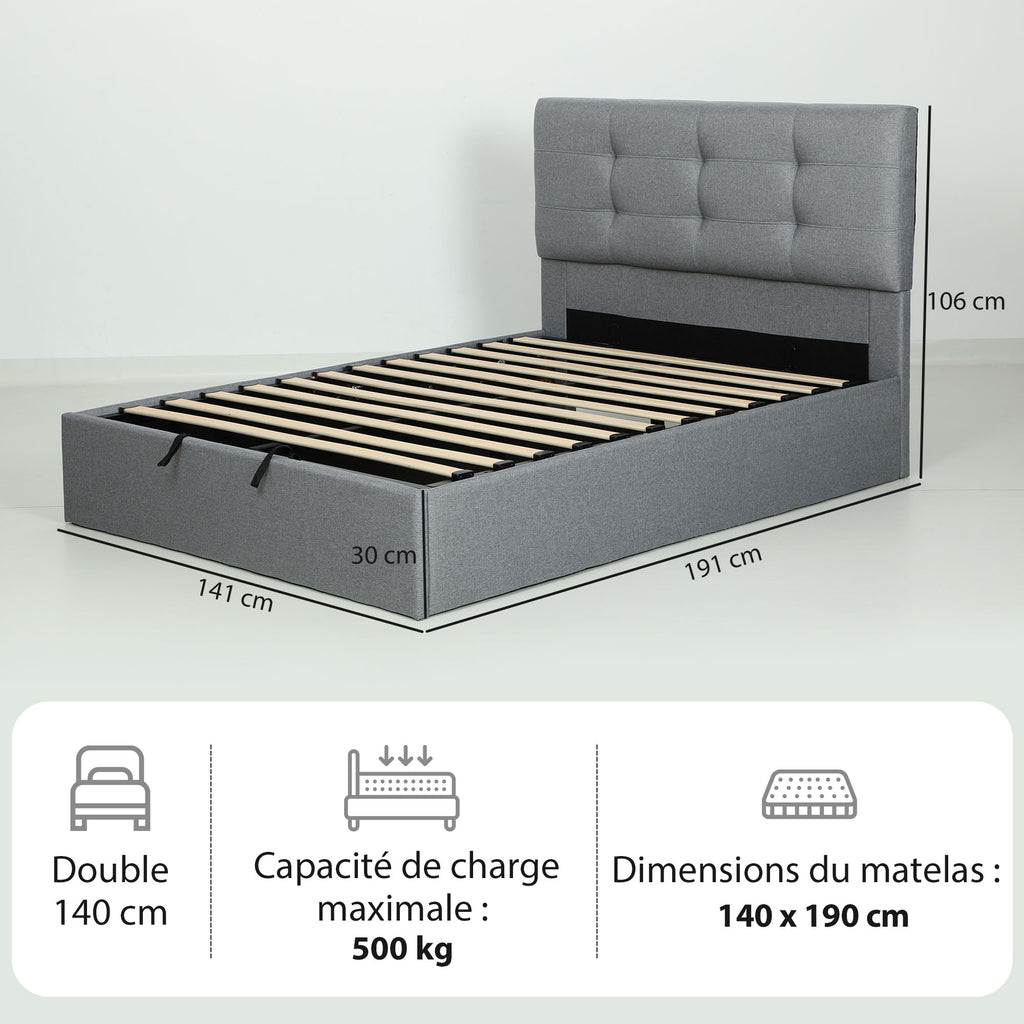 Lit coffre 140x190, cadre de lit double rembourré avec sommier à lattes en bois et rangement cach, sans matelas, gris