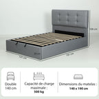 Lit coffre 140x190, cadre de lit double rembourré avec sommier à lattes en bois et rangement cach, sans matelas, gris