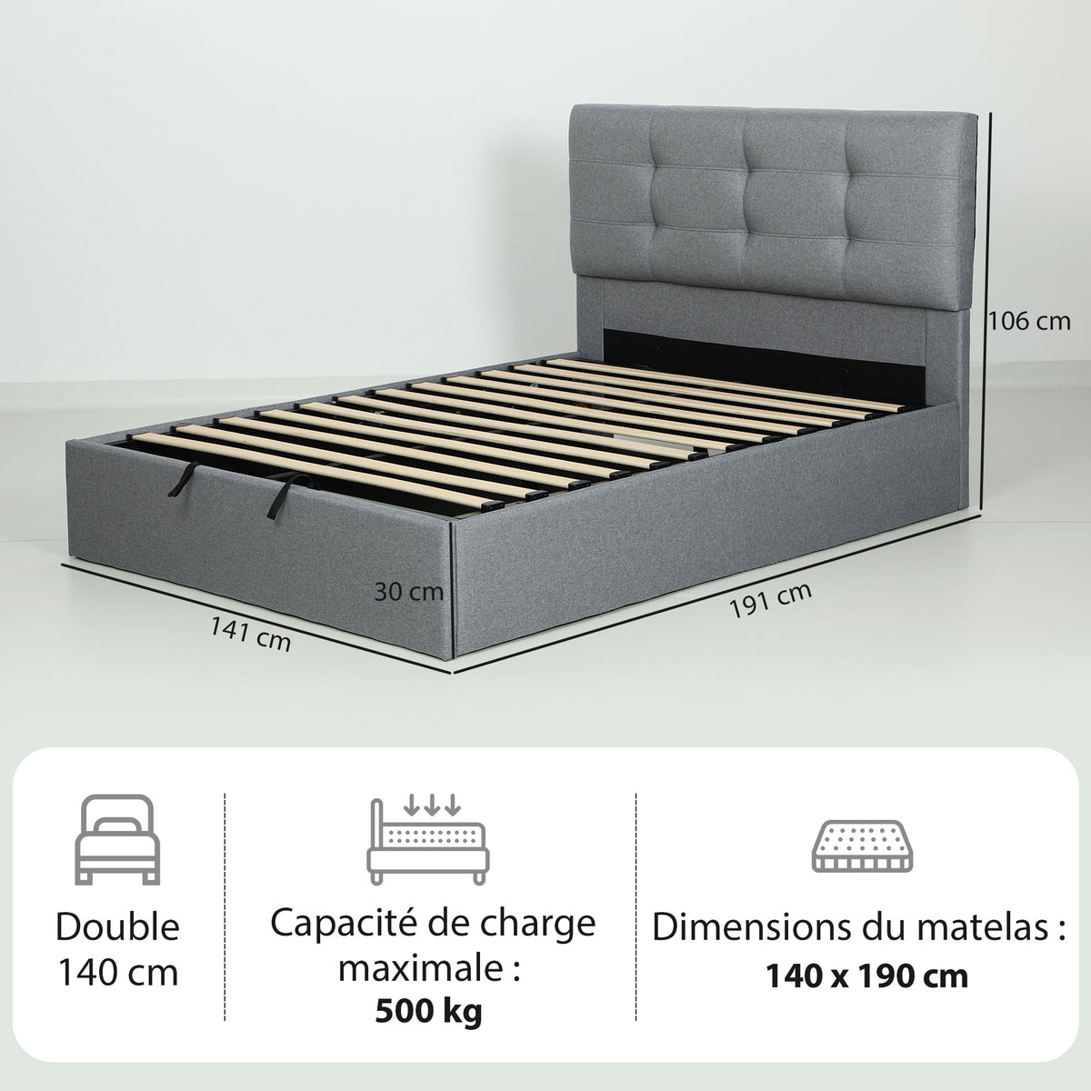 Lit coffre 140x190, cadre de lit double rembourré avec sommier à lattes en bois et rangement cach, sans matelas, gris