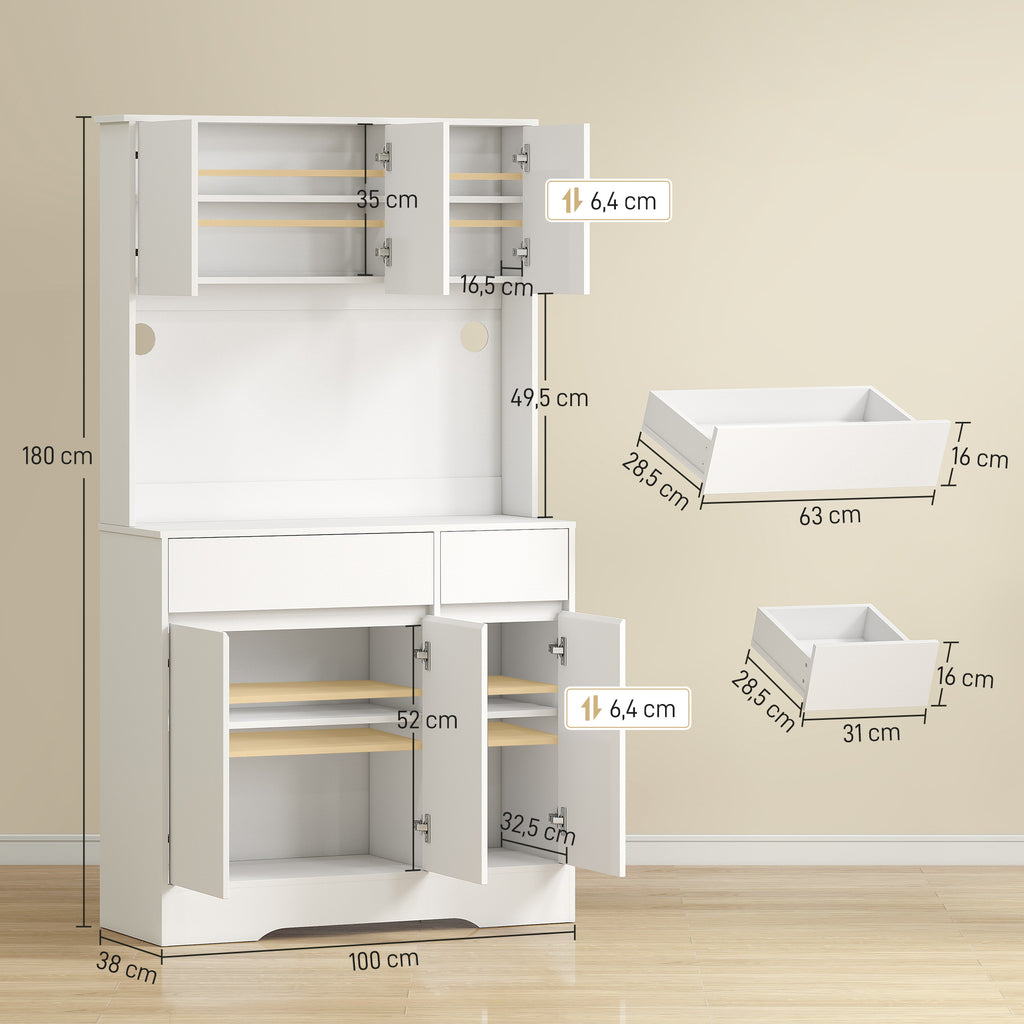Buffet cuisine meuble cuisine rangement haut avec lumière LED RGB, plan de travail, 6 portes, 2 tiroirs, blanc