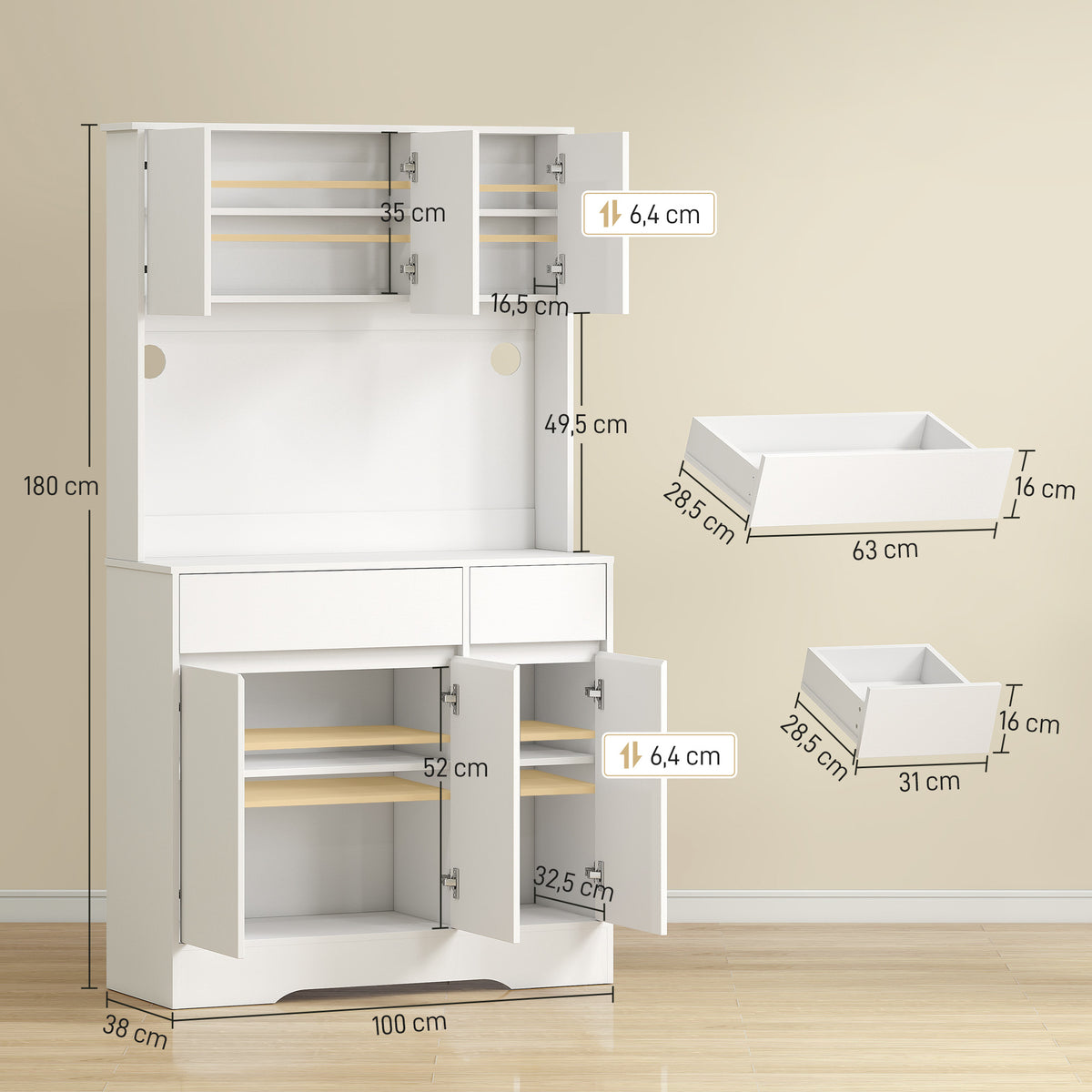Buffet cuisine meuble cuisine rangement haut avec lumière LED RGB, plan de travail, 6 portes, 2 tiroirs, blanc