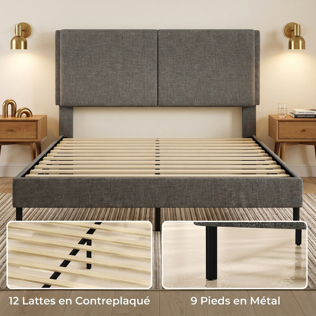Cadre de Lit 140 x 190 cm avec Sommier et Tête Réglable, Lit Double Rembourré en Lin, Rangement au-dessous, Gris