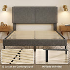Cadre de Lit 140 x 190 cm avec Sommier et Tête Réglable, Lit Double Rembourré en Lin, Rangement au-dessous, Gris