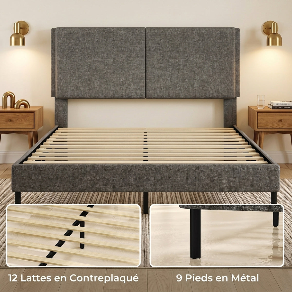Cadre de Lit 140 x 190 cm avec Sommier et Tête Réglable, Lit Double Rembourré en Lin, Rangement au-dessous, Gris