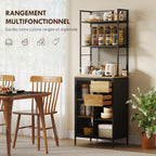 Buffet, armoire de cuisine, plan de travail, porte coulissante, tiroirs et étagères ouvertes, 60x40x180cm, bois naturel