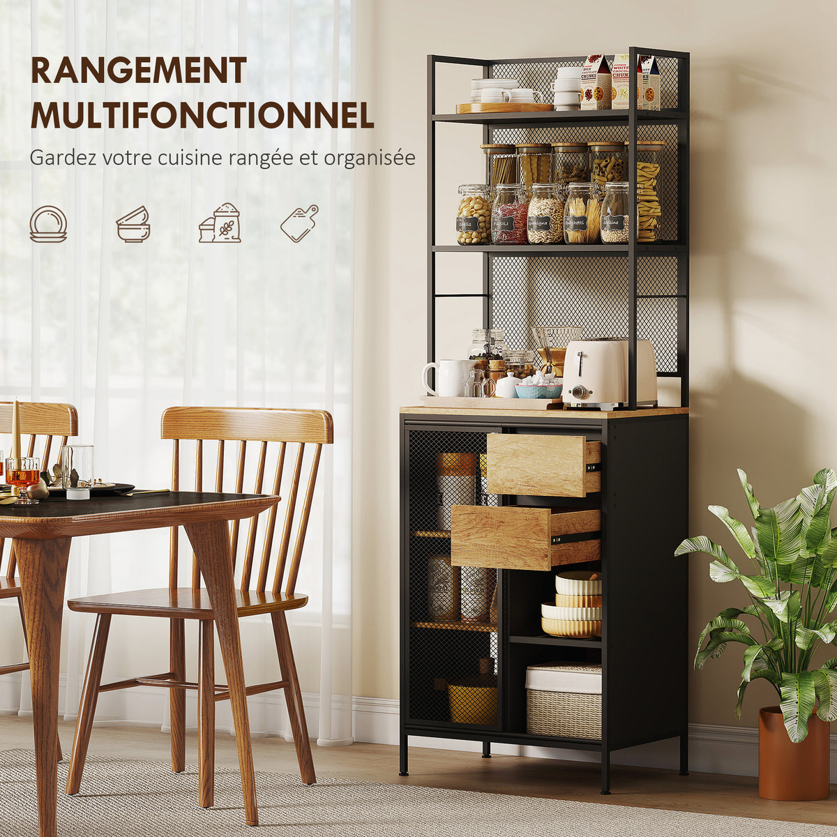 Buffet, armoire de cuisine, plan de travail, porte coulissante, tiroirs et étagères ouvertes, 60x40x180cm, bois naturel