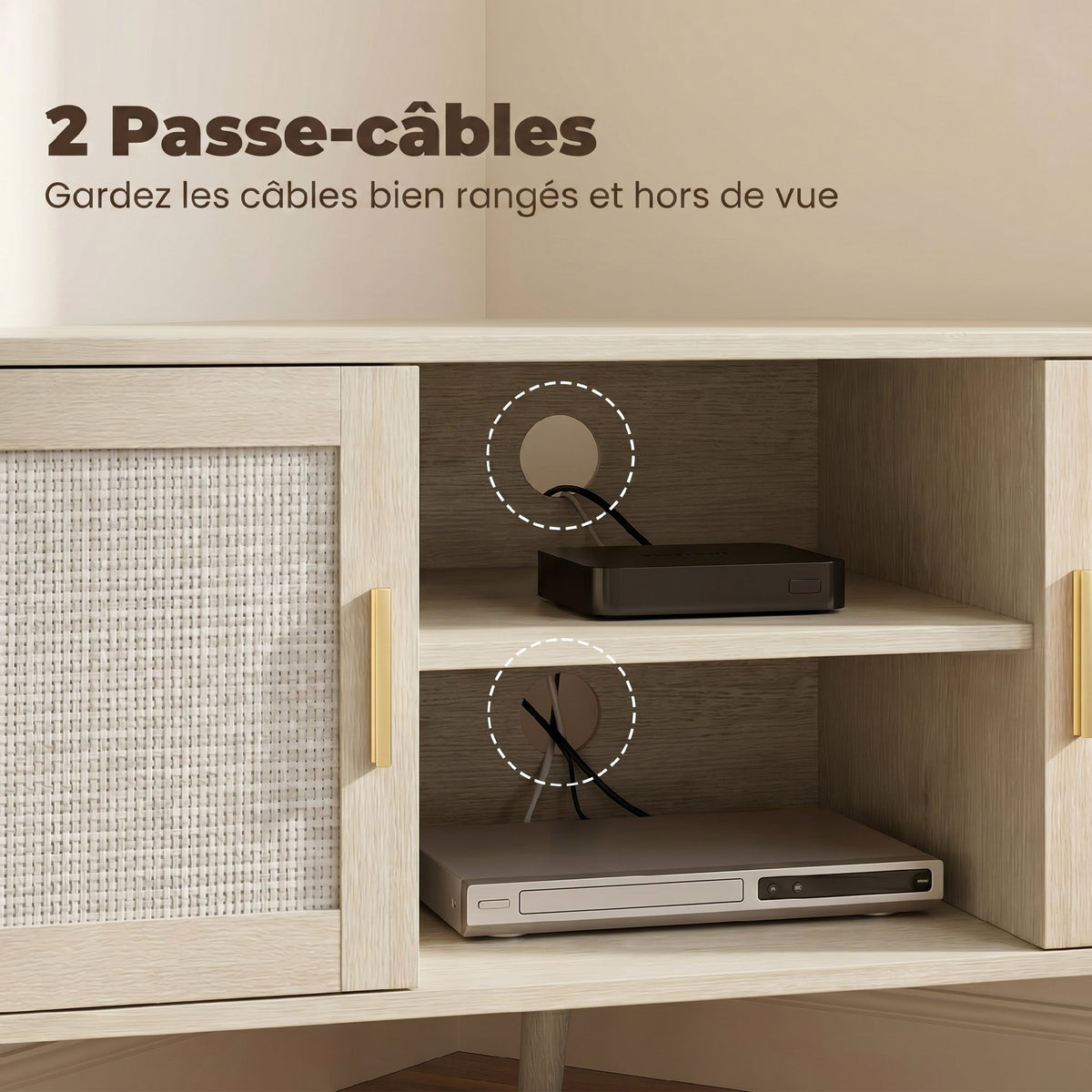Meuble TV d'Angle 115 cm, Meuble Télé pour Téléviseur jusqu'à 65 Pouces, 2 Portes en Rotin  2 Compartiments, Chêne