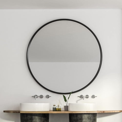 Miroir de salle de bain rond encadré en métal noir de 99cm pour mur.