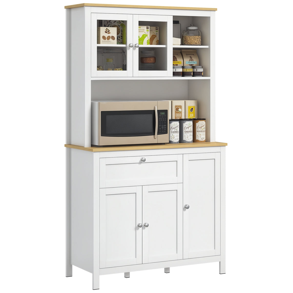 Buffet de cuisine haut 5 portes dont 2 portes vitrées et 1 tiroir, 1 niche centrale - hauteur 180 cm blanc