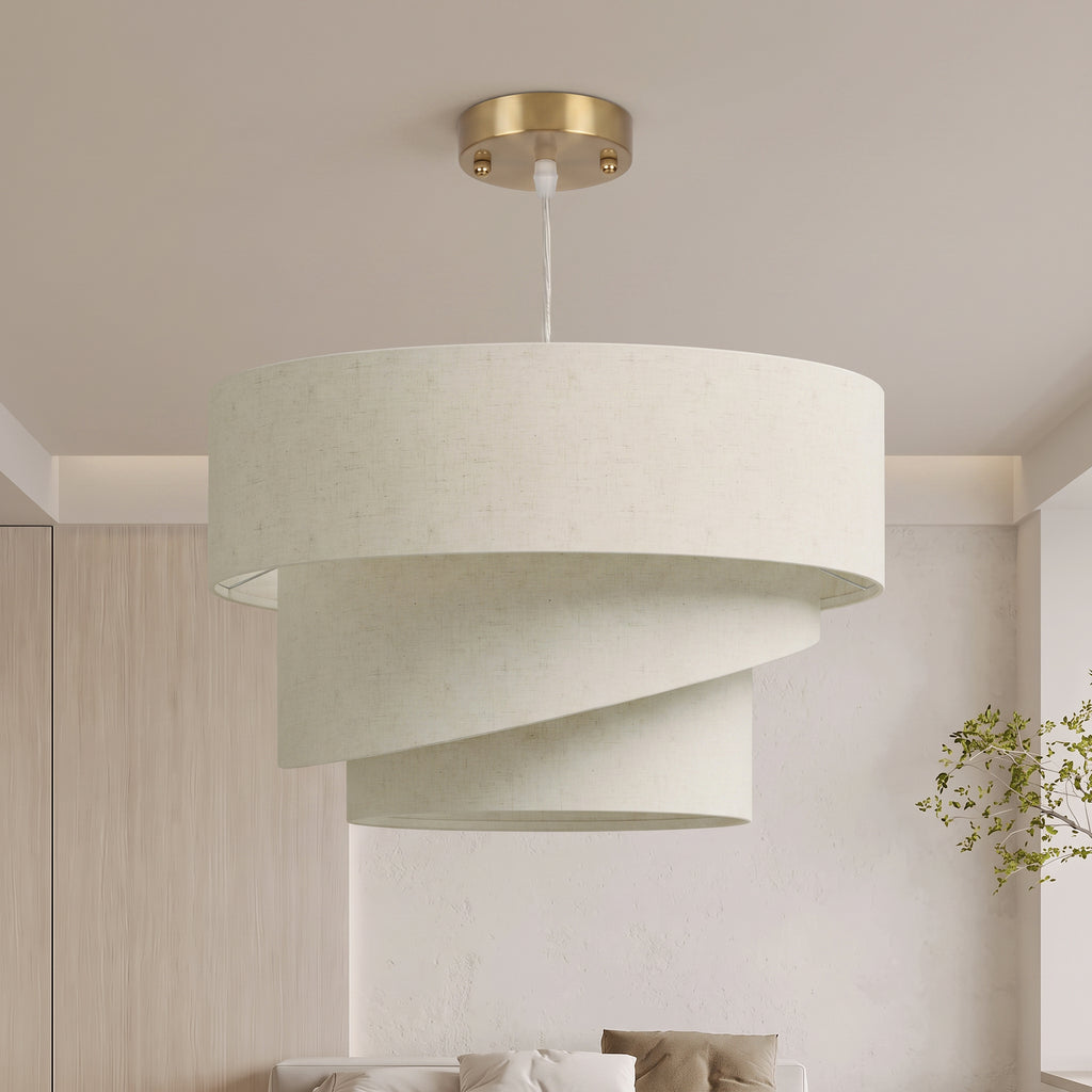 Suspension Luminaire à 3 Abat-Jour Effet Lin, Ampoule Non Incluse E14 40 W, Câble Réglable, Rosace Dorée, Beige