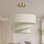Suspension Luminaire à 3 Abat-Jour Effet Lin, Ampoule Non Incluse E14 40 W, Câble Réglable, Rosace Dorée, Beige