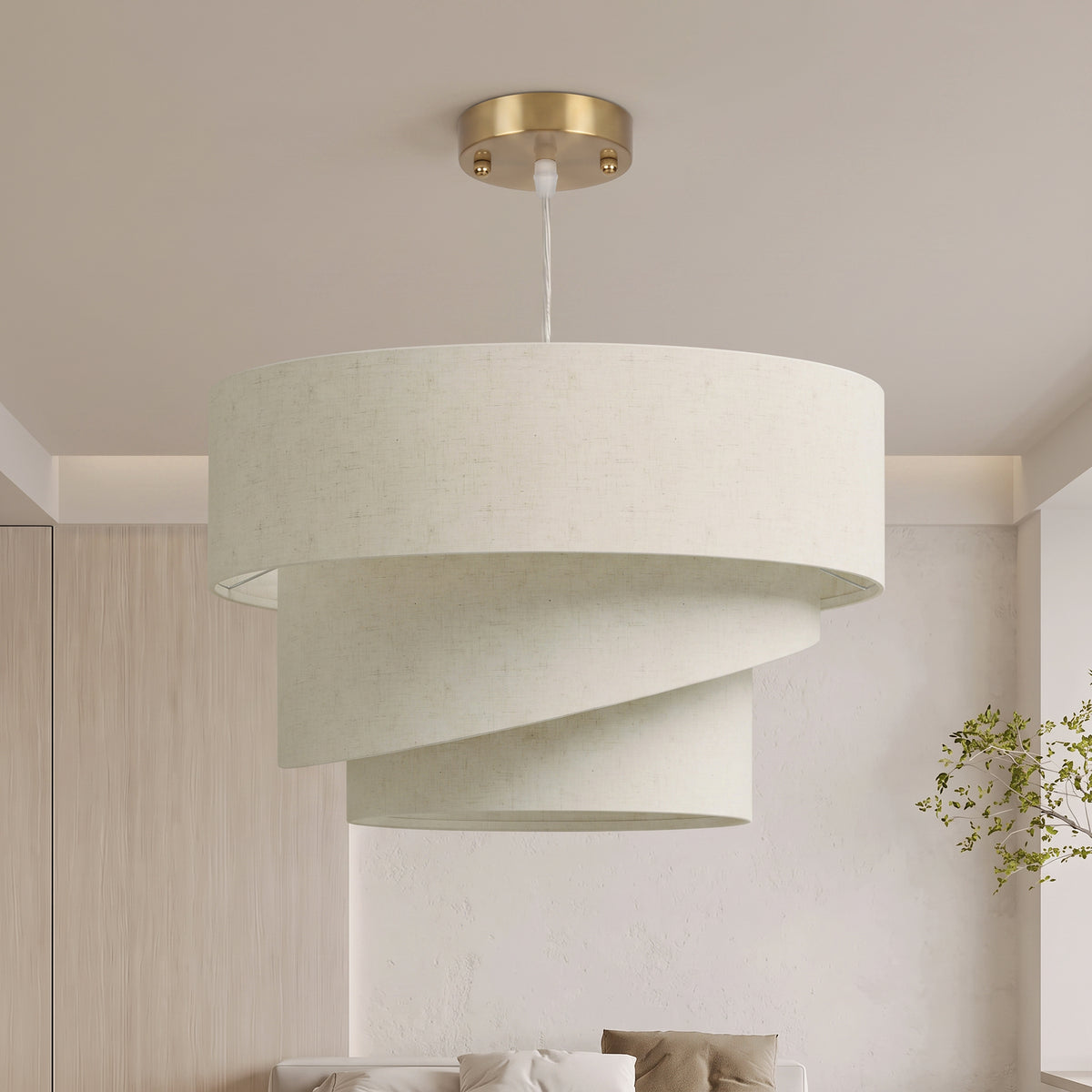 Suspension Luminaire à 3 Abat-Jour Effet Lin, Ampoule Non Incluse E14 40 W, Câble Réglable, Rosace Dorée, Beige
