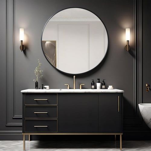 Miroir de salle de bain rond encadré en métal noir de 99cm pour mur.