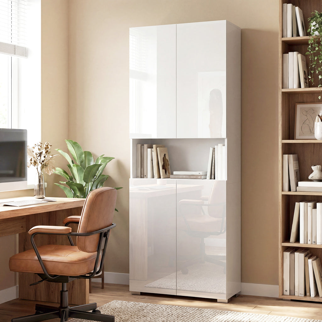 Buffet haut cuisine, armoire de cuisine, 4 portes à fermeture douce et étagères réglables, 68x34x180cm, blanc brillant