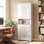 Buffet haut cuisine, armoire de cuisine, 4 portes à fermeture douce et étagères réglables, 68x34x180cm, blanc brillant
