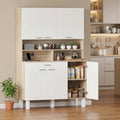 Buffet haut cuisine, armoire de cuisine, 6 portes, tiroir et étagères ouvertes, 120x40x175cm, blanc et bois naturel