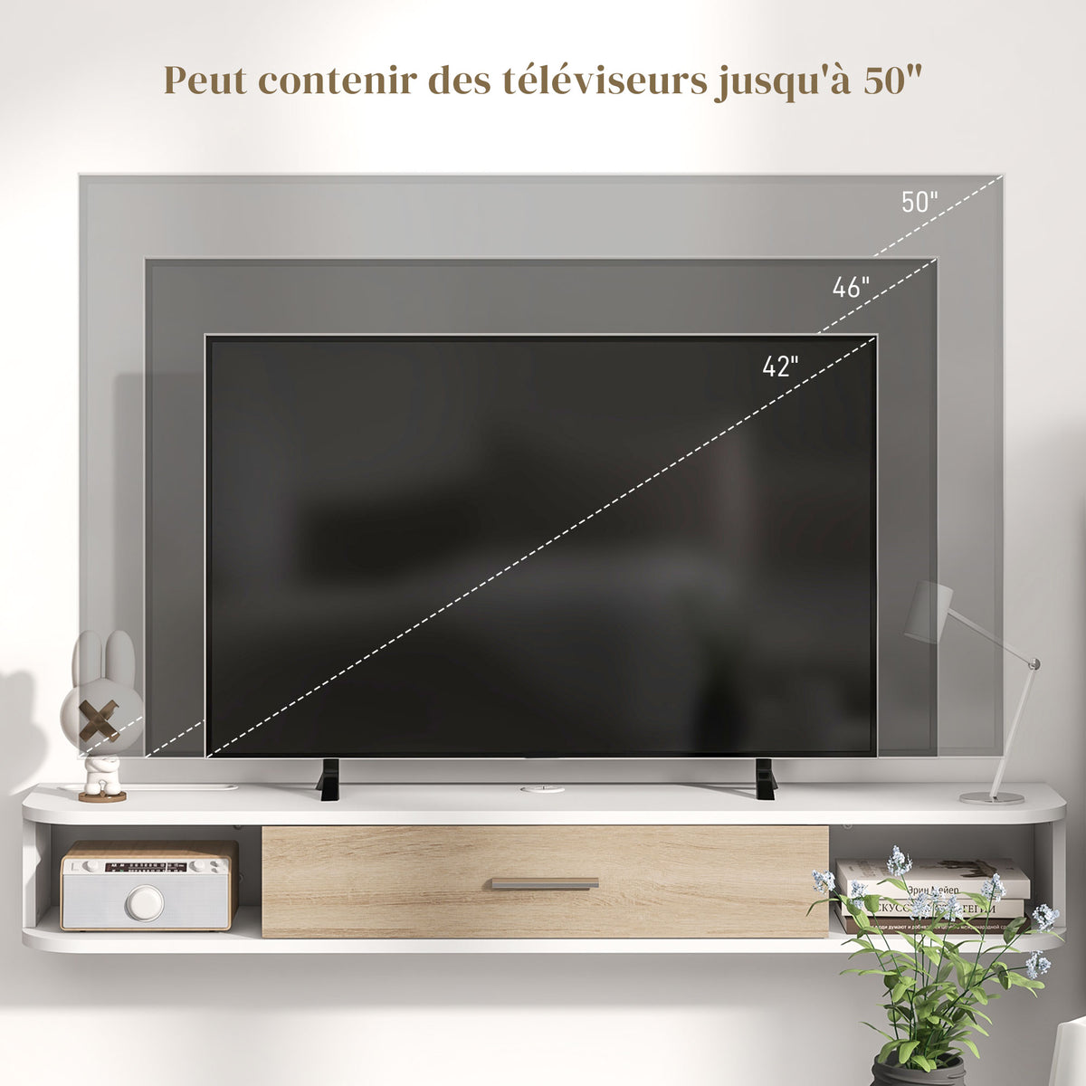 Meuble TV mural banc TV jusqu'à 50 pouces avec compartiments ouverts et armoire à porte rabattable blanc
