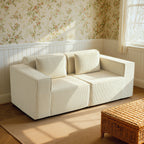 Canapé 3 places en velours côtelé, canapé rembourré, larges accoudoirs, 2 coussins, pas de montage, 202x90x76cm, beige