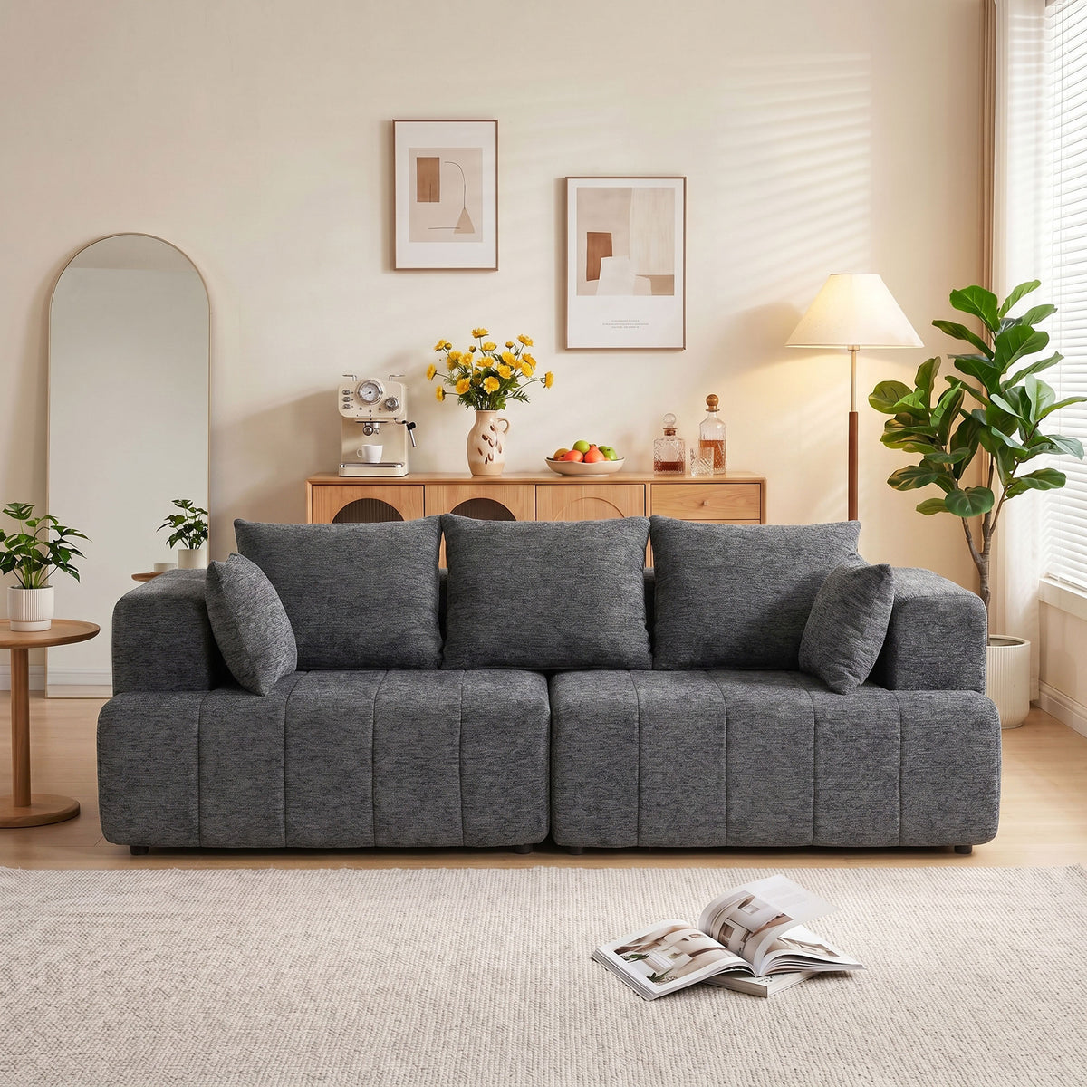 Canapé 3 places en chenille 248 cm, canapé salon moderne, large assise rembourrée, coussins à ressorts, gris
