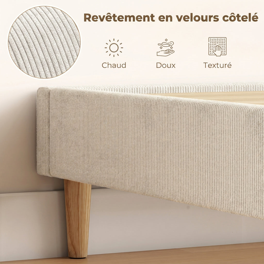 Cadre de Lit 140 x 190 cm avec Sommier, Lit Double Rembourré en Velours Côtelé, Espace de Rangement Au-Dessous, Crème