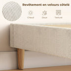Cadre de Lit 140 x 190 cm avec Sommier, Lit Double Rembourré en Velours Côtelé, Espace de Rangement Au-Dessous, Crème