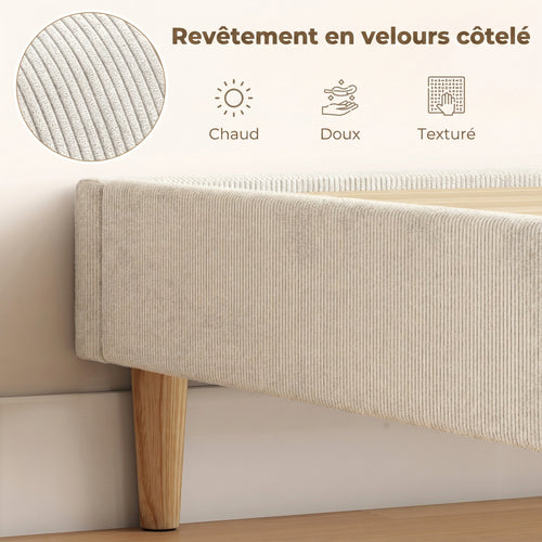 Cadre de Lit 140 x 190 cm avec Sommier, Lit Double Rembourré en Velours Côtelé, Espace de Rangement Au-Dessous, Crème