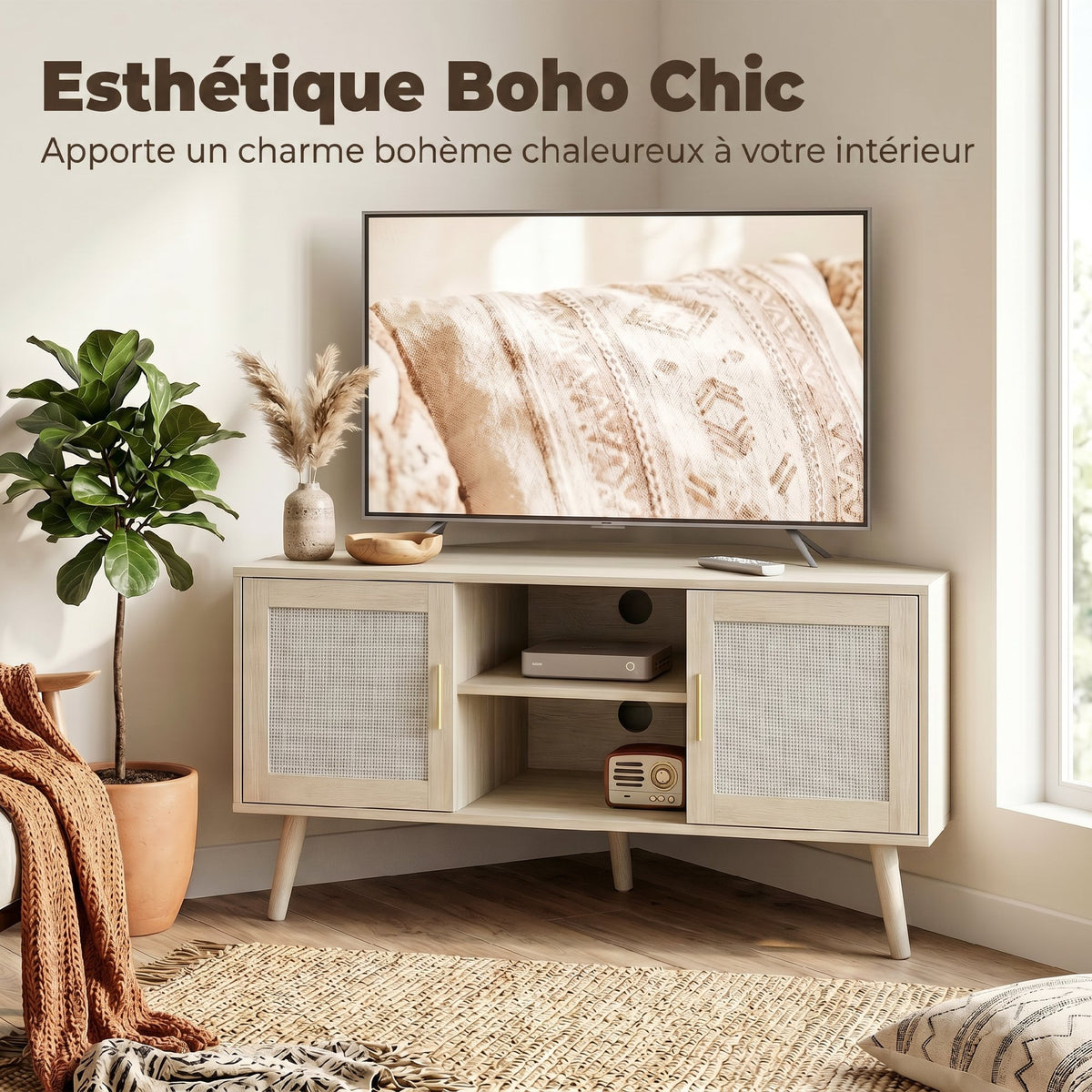 Meuble TV d'Angle 115 cm, Meuble Télé pour Téléviseur jusqu'à 65 Pouces, 2 Portes en Rotin  2 Compartiments, Chêne