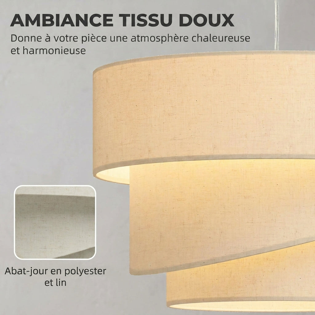 Suspension Luminaire à 3 Abat-Jour Effet Lin, Ampoule Non Incluse E14 40 W, Câble Réglable, Rosace Dorée, Beige