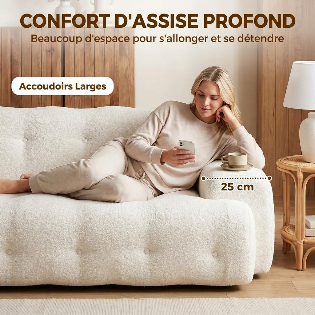 Canapé 3 Places en Chenille 211 cm, Canapé Salon, Assise Profonde, Entièrement Compressé Sans Montage, Crème