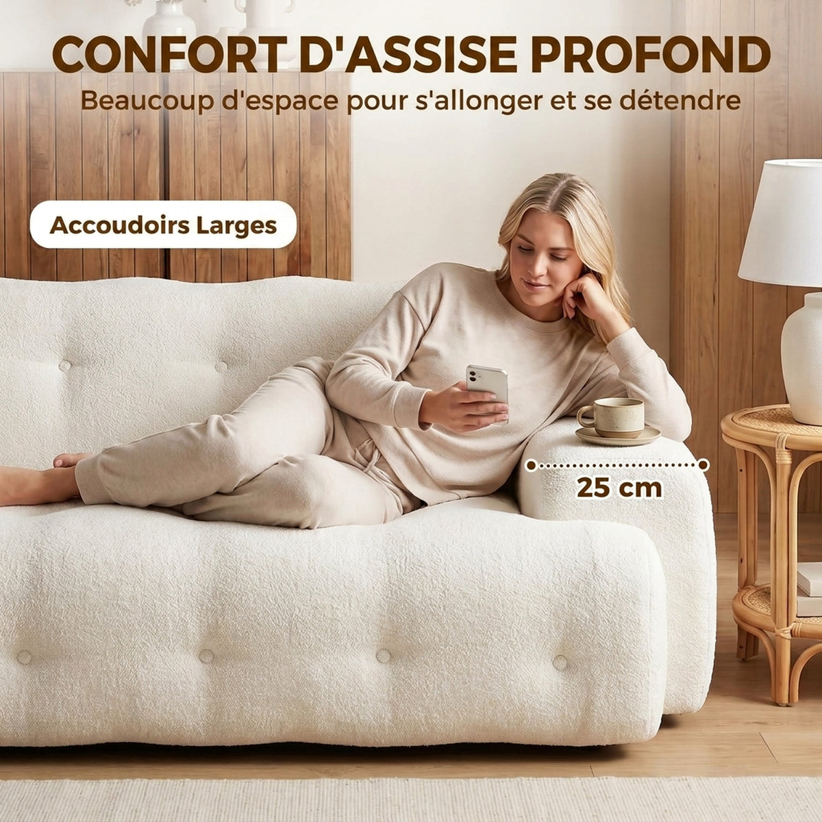 Canapé 3 Places en Chenille 211 cm, Canapé Salon, Assise Profonde, Entièrement Compressé Sans Montage, Crème