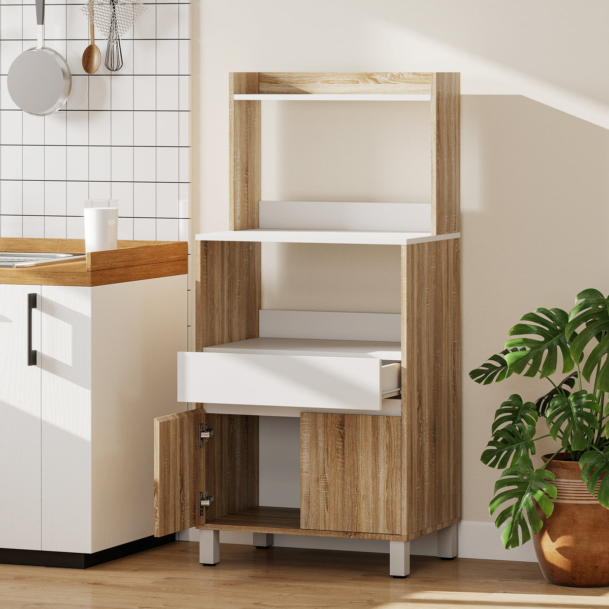 Meuble Micro-Ondes, Buffet Cuisine avec Tiroir, 2 Portes à Fermeture Douce, Plan de Travail et Étagères Ouvertes, Chêne