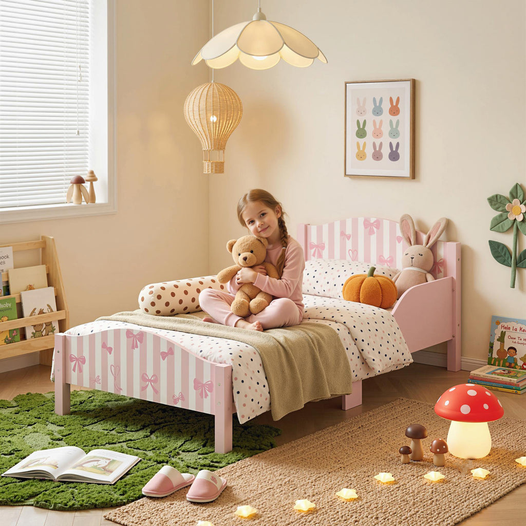 Lit Enfant 70 x 140 cm, Lit pour Enfant avec Barrière de Sécurité et Sommier à Lattes en Bois, Motif Nœud, Rose