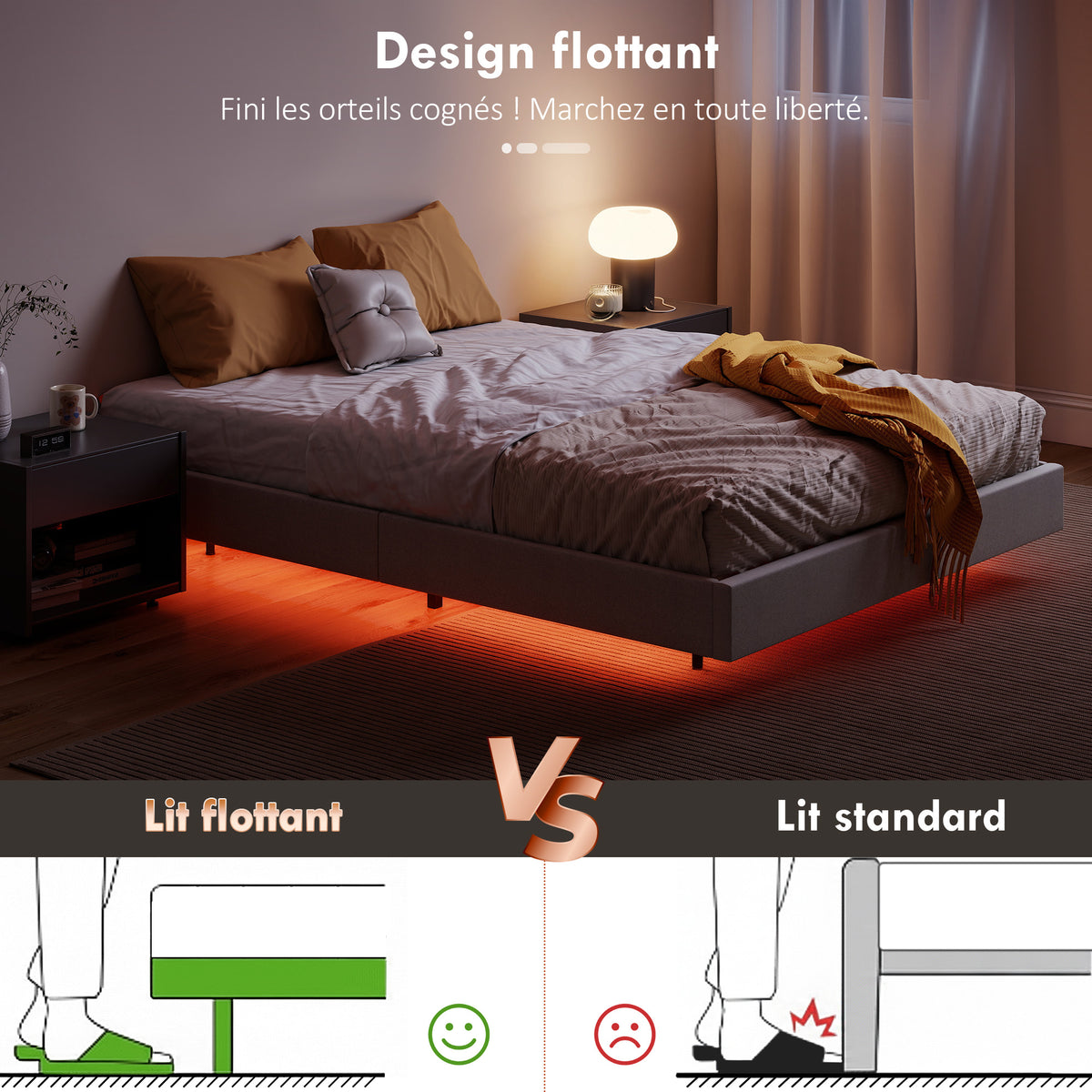 Cadre de lit flottant 140 x 190 cm avec éclairage LED, lit double rembourré en lin, sommier à lattes en bois, beige