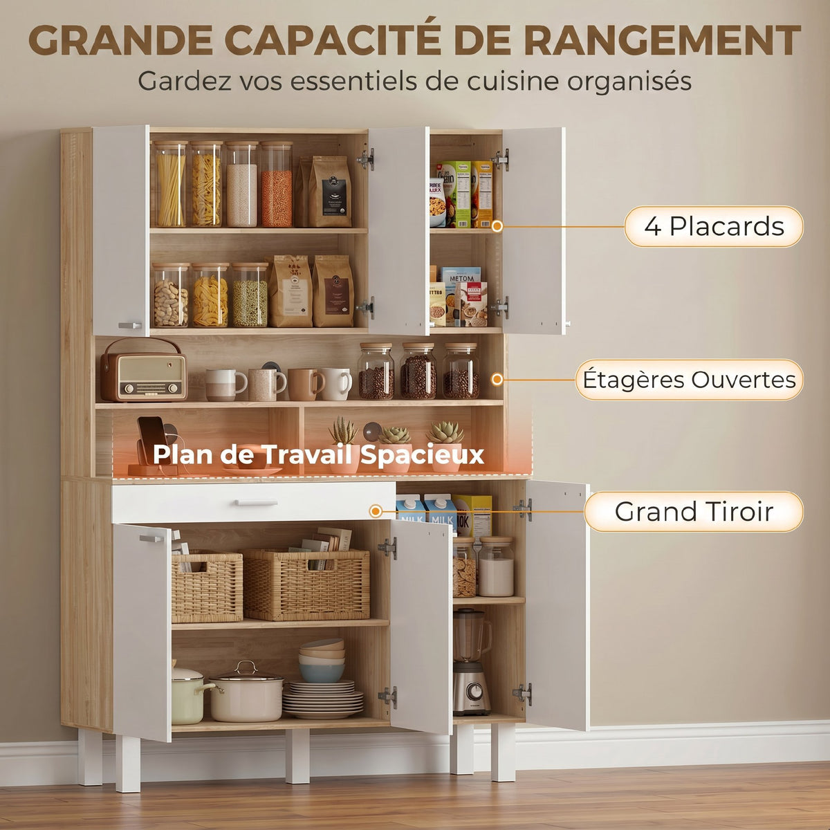 Buffet haut cuisine, armoire de cuisine, 6 portes, tiroir et étagères ouvertes, 120x40x175cm, blanc et bois naturel