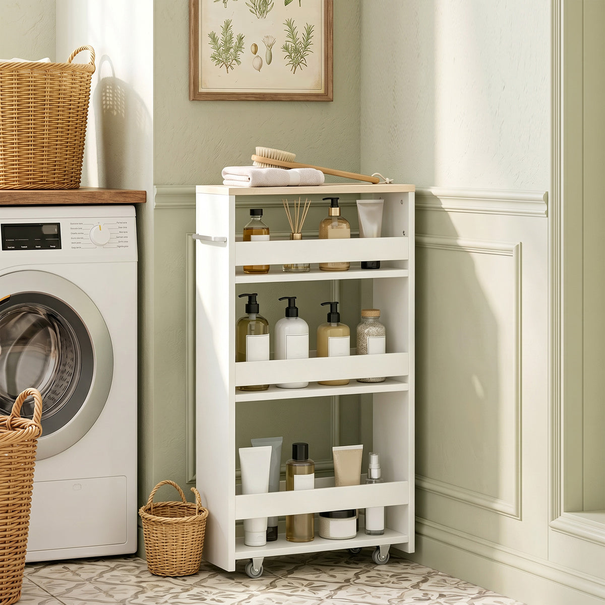 Chariot de rangement à 3 niveaux chariot de stockage étagère sur roulettes pour cuisine étroite salle de bain buanderie bureau avec poignée - 48 x 15 x 80 cm blanc