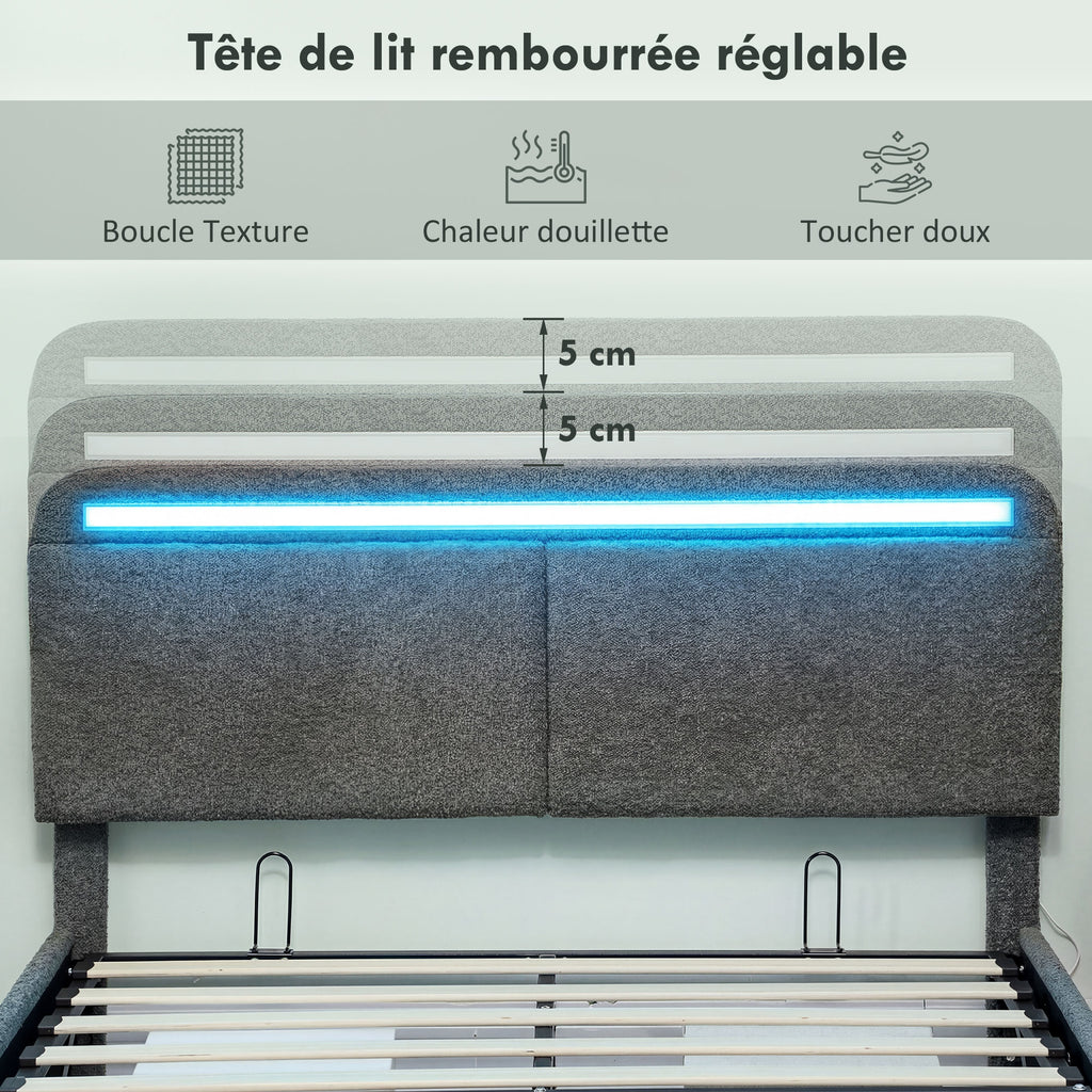 Lit coffre 140 x 190 cm avec éclairage LED, tête de lit réglable, cadre de lit double, sommier à lattes en bois, gris